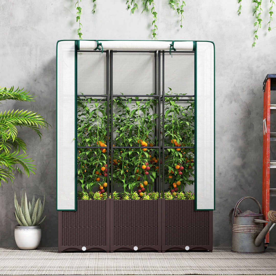 Raised Garden Bed with Trellis, Plastic Planter Box with PE Cover, Drainage Holes, Drain Plugs and Water Reservoirs for Climbing Plants, Vegetables, Flowers, 120 x 40 x 140 cm