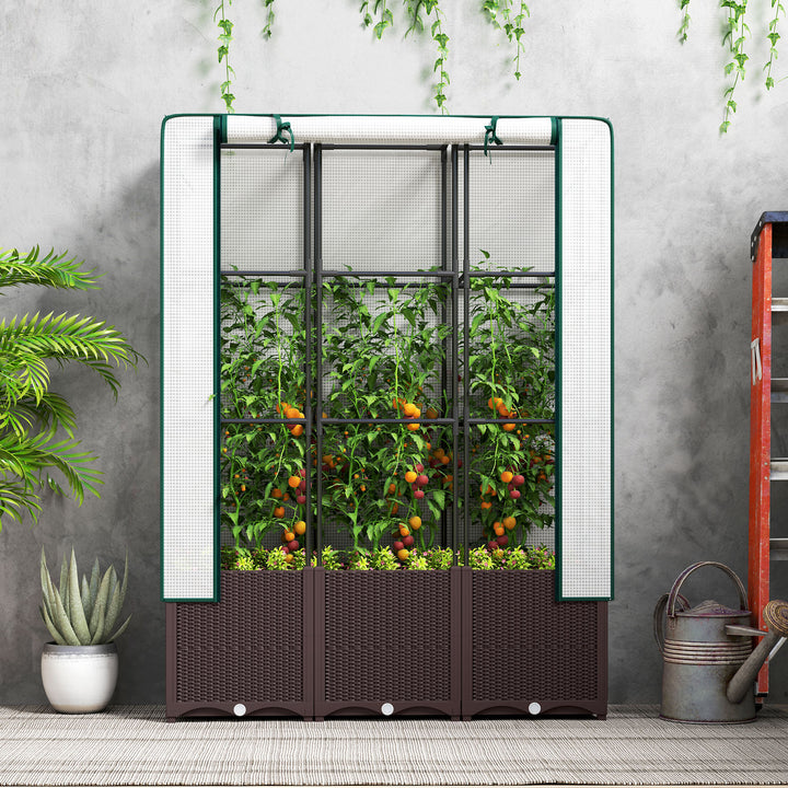 Raised Garden Bed with Trellis, Plastic Planter Box with PE Cover, Drainage Holes, Drain Plugs and Water Reservoirs for Climbing Plants, Vegetables, Flowers, 120 x 40 x 140 cm