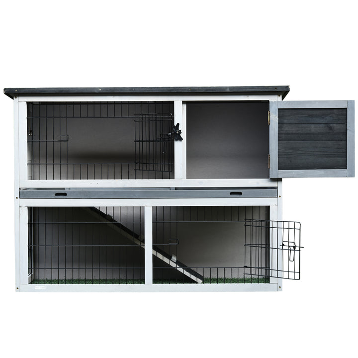 Small Animal Two-Level Fir Wood Guinea Pigs Hutches Bunny Cage w/ Slide Out Tray Grey