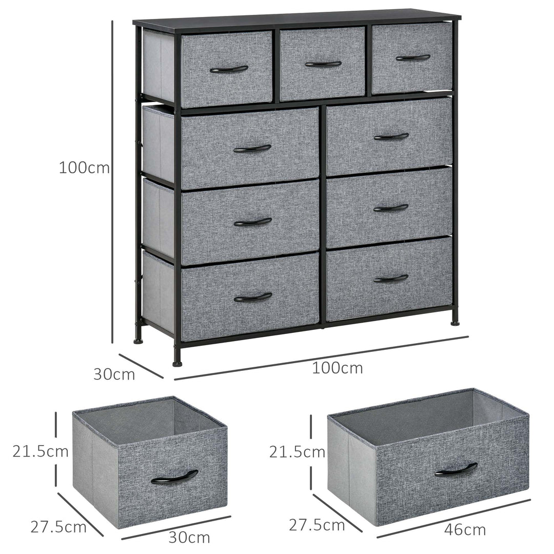 Nine Drawer Fabric Dresser - Grey