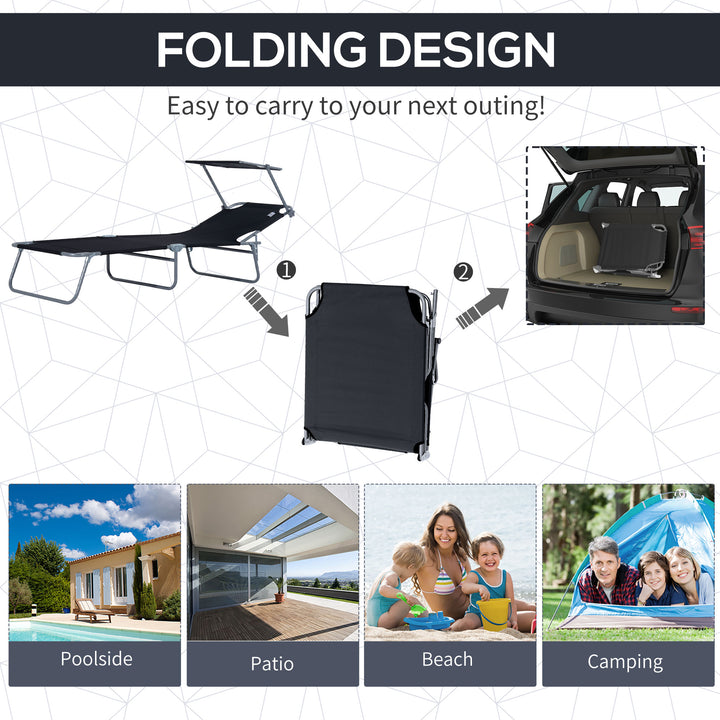 2 Pieces Outdoor Foldable Sun Lounger, 4 Level Adjustable Backrest Reclining Sun Lounger Chair with Angle Adjust Sun Shade Awning for Beach, Garden, Patio, Black