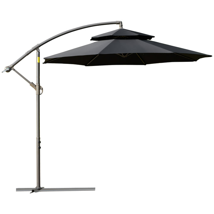 Outsunny Cantilever Parasol: 2.7m Banana Umbrella with Crank Handle, Double-Tier Canopy, Cross Base, Hanging Sun Shade, Black | Aosom UK