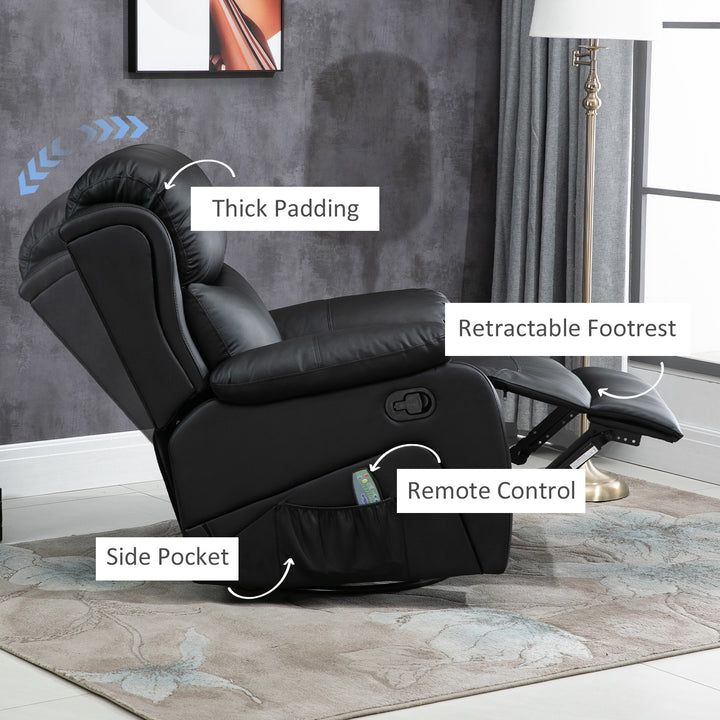 PU Leather Reclining Chair with 8 Massage Points and Heat, Manual Recliner with Swivel Base, Footrest and Remote, Black