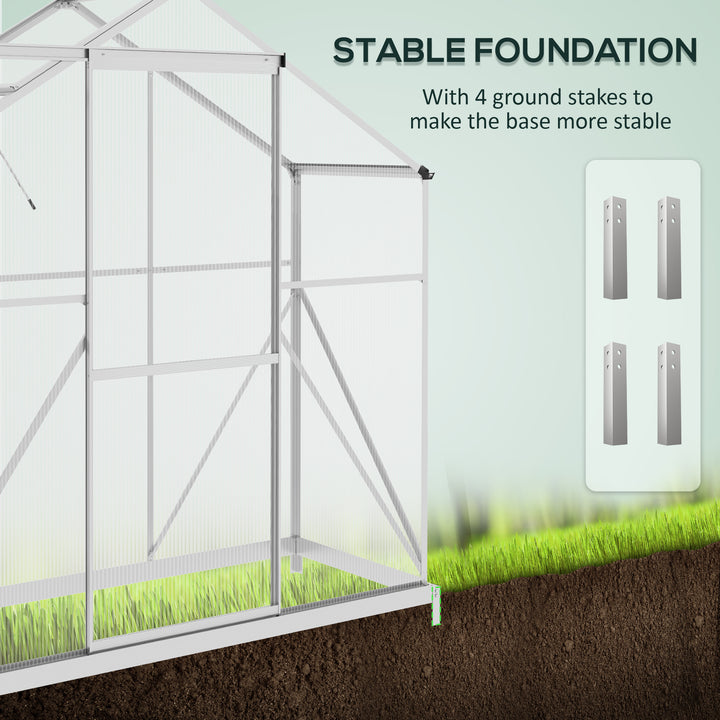 6 x 2.5ft Polycarbonate Greenhouse Walk-In Green House with Rain Gutter, Sliding Door, Window, Foundation, Silver