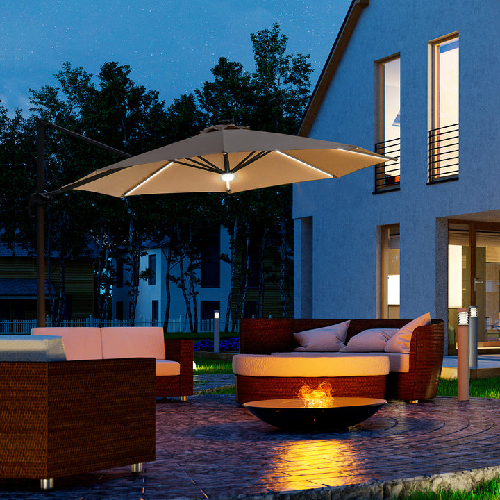 3(m) LED Cantilever Parasol Outdoor Sun Umbrella w/ Base Solar Lights Brown