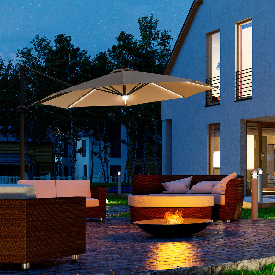 3(m) LED Cantilever Parasol Outdoor Sun Umbrella w/ Base Solar Lights Brown