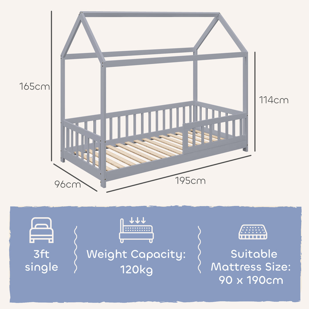 House-Shaped Kids Bed Frame with Guard Rails, Solid Pine Wood Single B