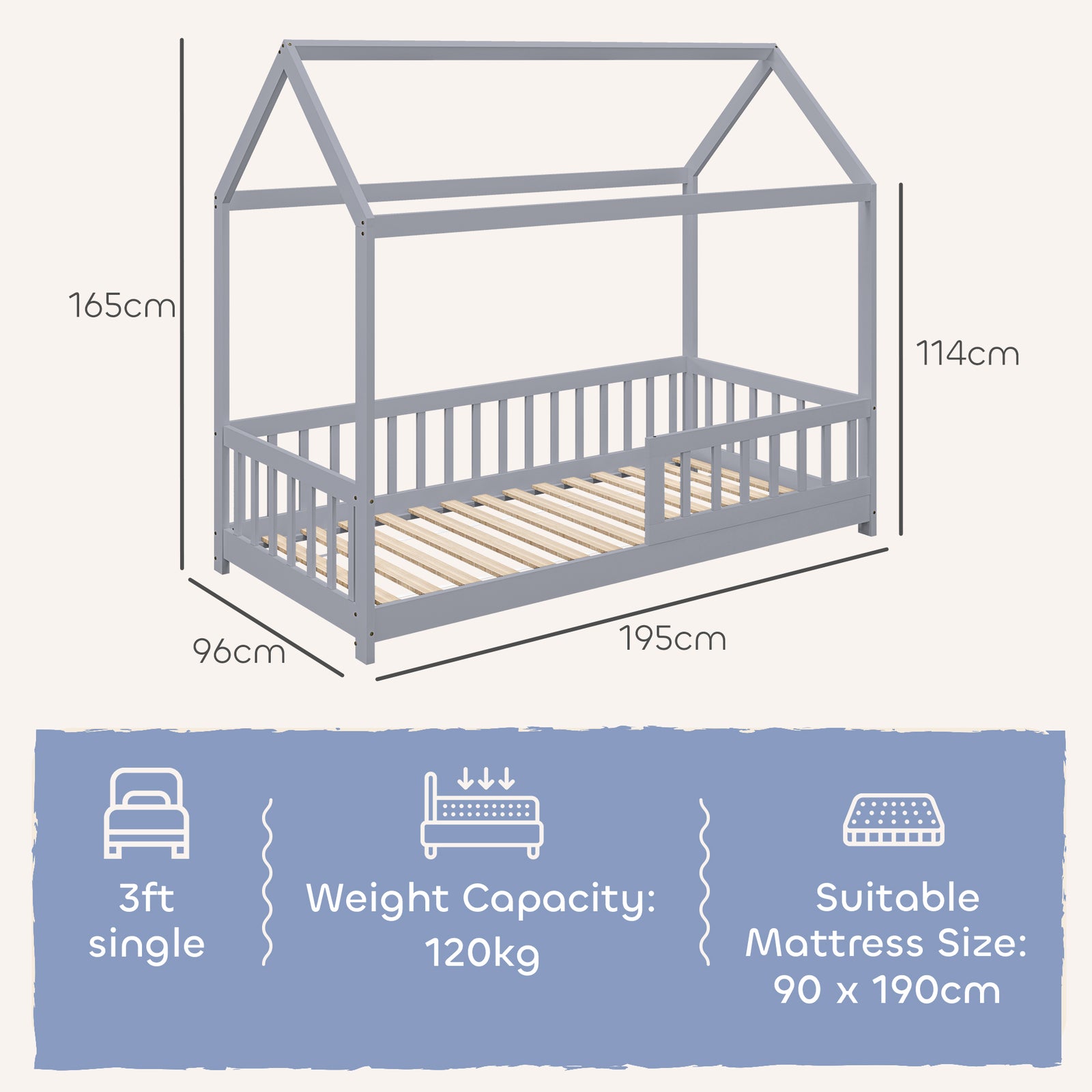 House-Shaped Kids Bed Frame with Guard Rails, Solid Pine Wood Single B