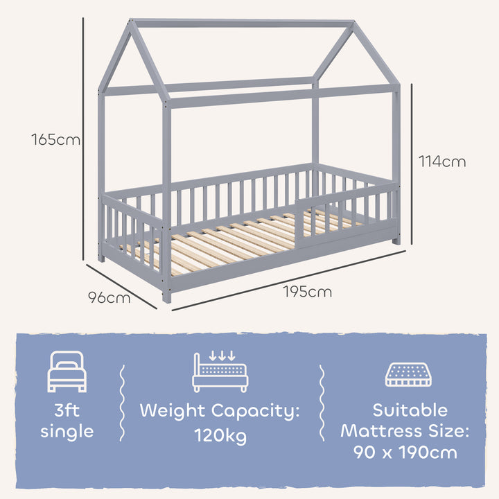 House-Shaped Kids Bed Frame with Guard Rails, Solid Pine Wood Single B