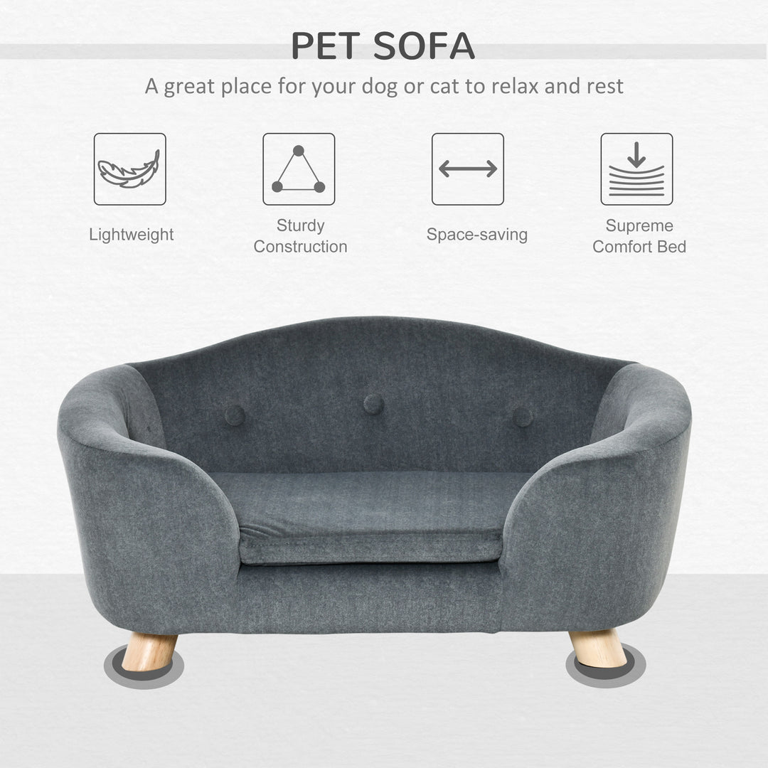 PawHut Pet Sofa, Modern Dog Bed & Puppy Lounge, with Wooden Frame & Washable Cushion, 70x47x30cm, Grey