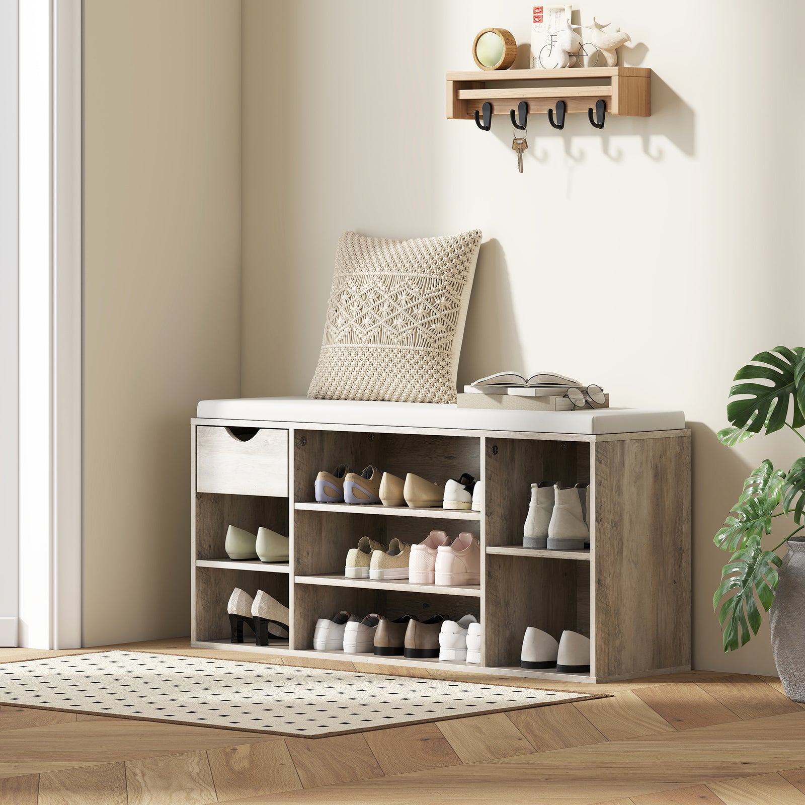 Shoe Storage Bench with Cushion - Grey