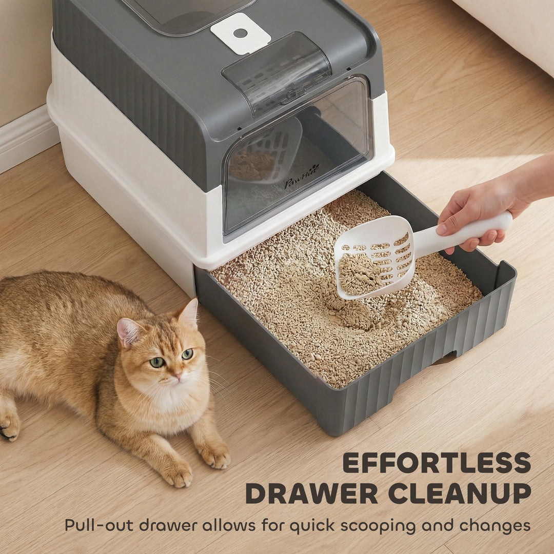 Enclosed Cat Litter Box with Lid, Pull-Out Drawer Tray, Scoop, 4 Deodo