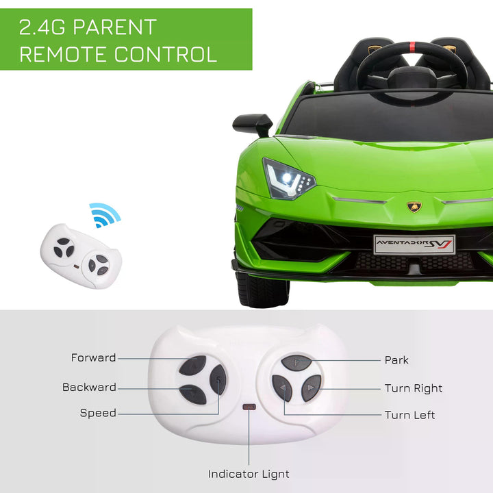 HOMCOM Compatible 12V Battery-powered Kids Electric Ride On Car Lamborghini Aventador Sports Racing Car Toy with Parental Remote Control Music Green