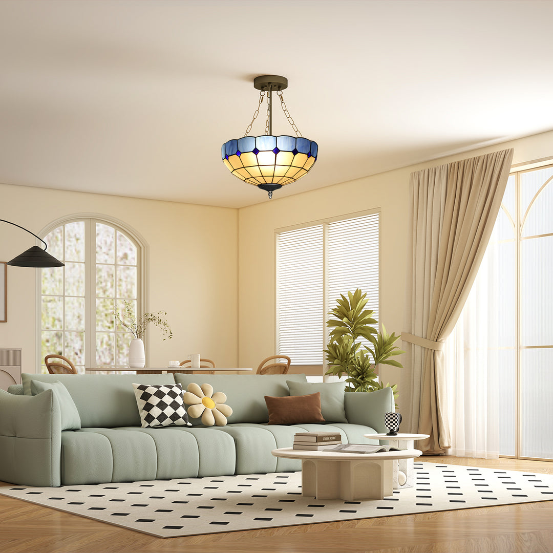 MCL Tiffany Style Ceiling Light, Vintage Chandelier with 3 E27 Sockets, Semi Flush Mount for Living Room, Bulbs Not Included