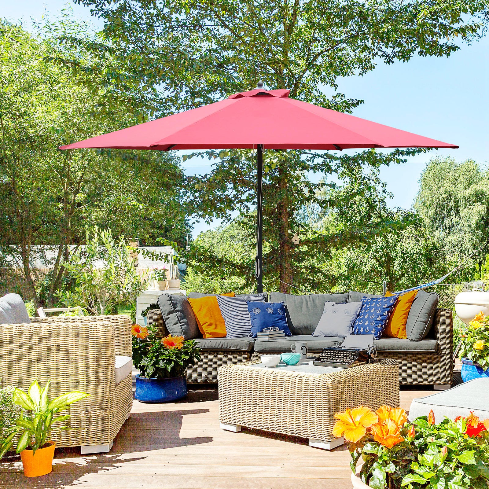 2.8m Garden Parasol Umbrella, Round Outdoor Market Table Umbrella Sun Shade Canopy, Wine Red