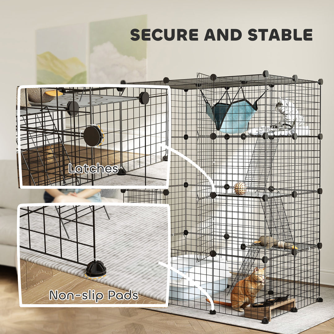 Four-Tier DIY Large Cat Cage with Hammock, Ramps, Five Doors, Indoor Use for 1-3 Cats, Black