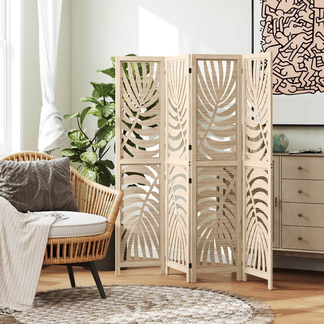 4 Panel Privacy Screens, Detachable Folding Room Divider with Palm Lea