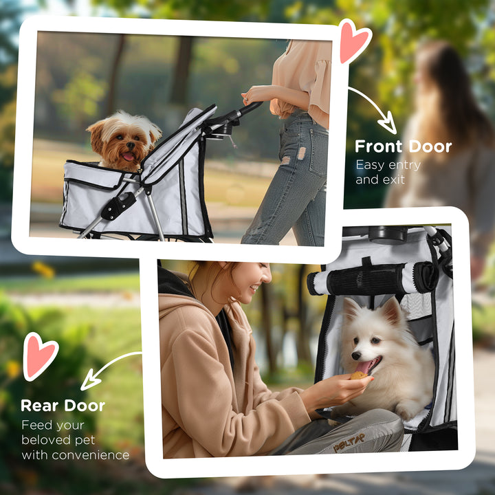 Pet Stroller for Small Miniature Dogs Cats Foldable Travel Carriage with Wheels Zipper Entry Cup Holder Storage Basket Grey