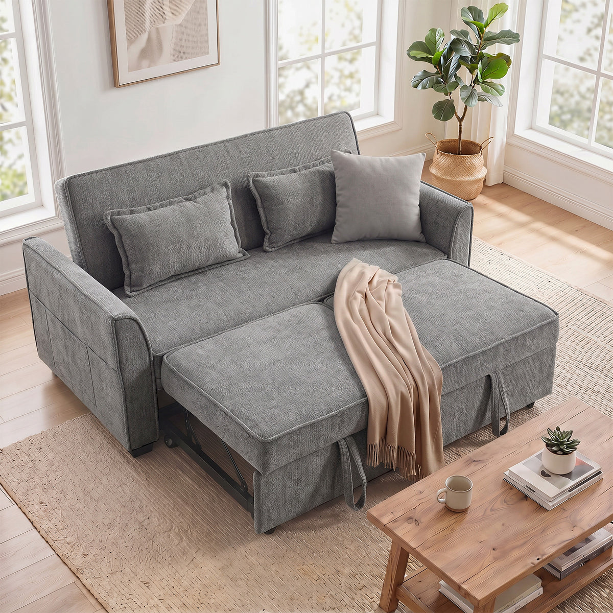 2 Seater Sofa Bed, 4-in-1 L-Shaped Convertible Pull-Out Sleeper Sofa w