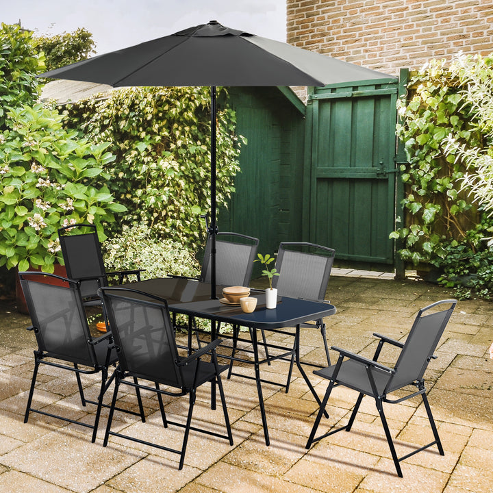 Outsunny 8 Pieces Metal Garden Furniture Set with Parasol and Folding Chairs, Patio Dining Set, 6 Seater Outdoor Table and Chairs with Tempered Glass Top, Black