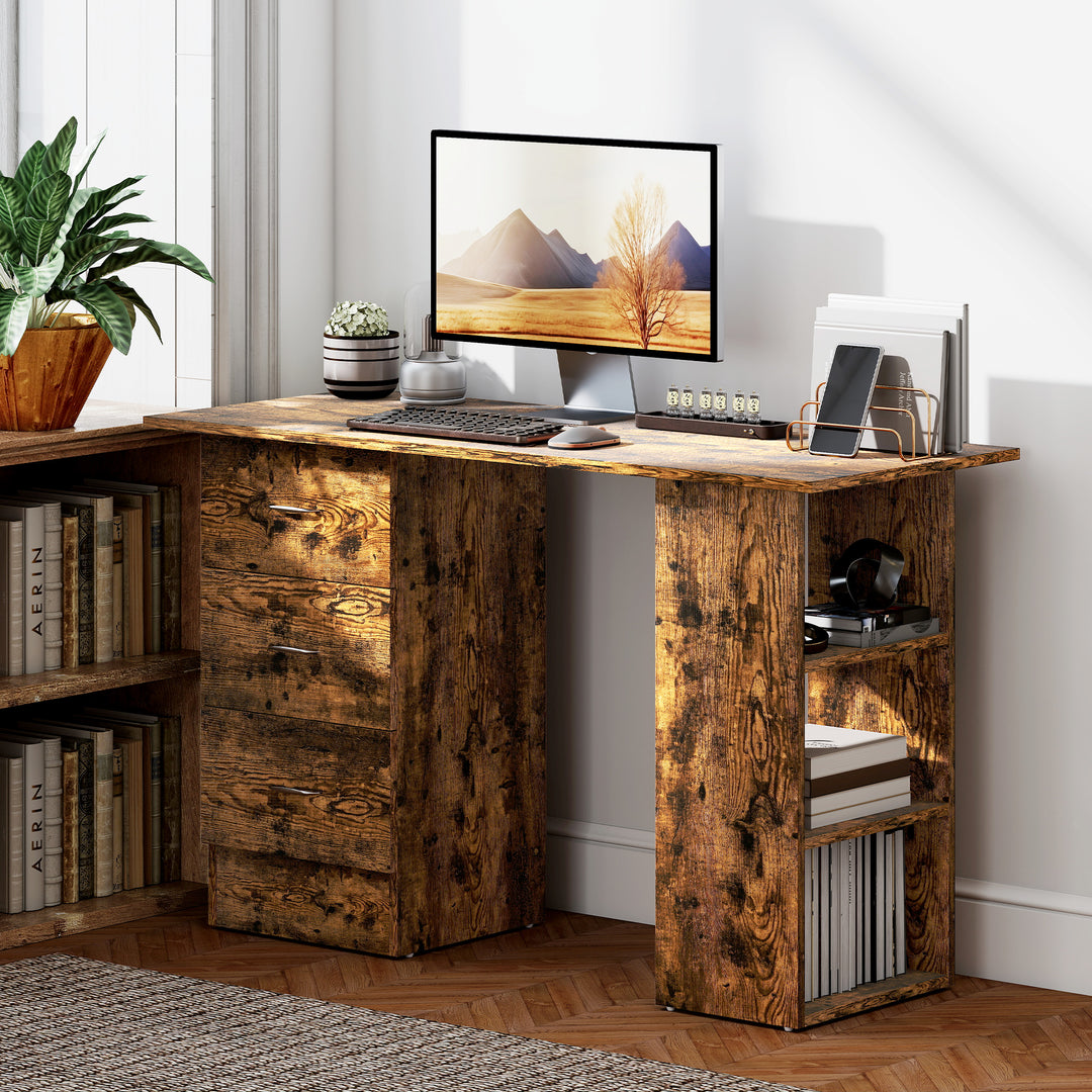 Computer Desk, Writing Table, PC Workstation with 3 Storage Shelves and Drawers, Silver Handle, for Home Office, Rustic Brown