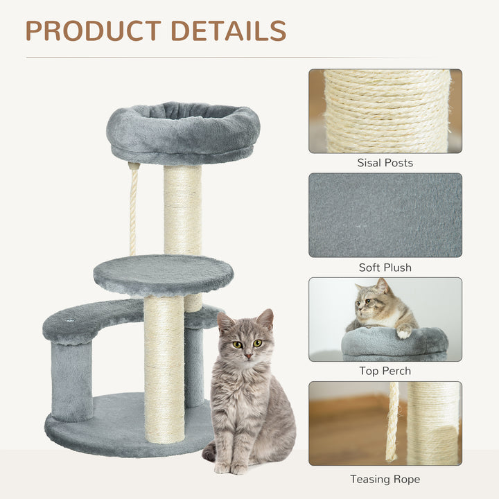 PawHut Cat Tree 65 cm, Kitty Scratcher, Kitten Activity Centre with 2 Perches & Hanging Sisal Rope, Grey | Aosom UK