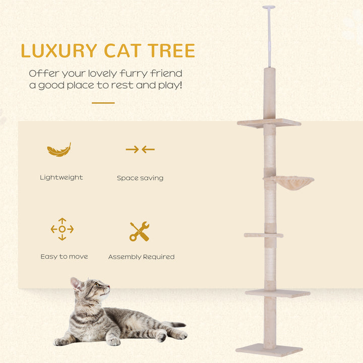 MCL Floor to Ceiling Cat Tree Height Adjustable 230-260cm, 5-Tier Cat Tower with Scratching Post, Hammock, Perches, Climbing Activity Centre for Indoor Kittens, Beige