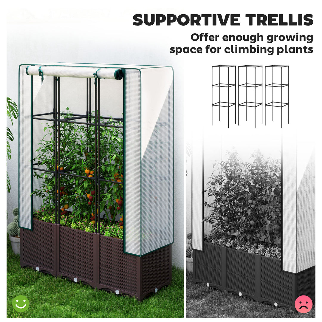 Raised Garden Bed with Trellis, Plastic Planter Box with PE Cover, Drainage Holes, Drain Plugs and Water Reservoirs for Climbing Plants, Vegetables, Flowers, 120 x 40 x 140 cm