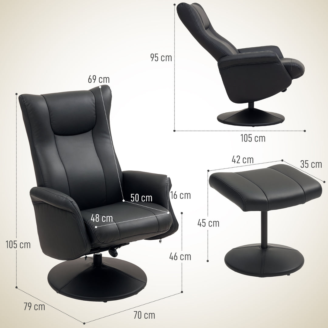 Swivel Recliner Chair with Footstool, PU Leather Recliner Armchair with Adjustable Back and Steel Frame, Reclining Chair Lounge with Flared Armrests for Living Room, Black
