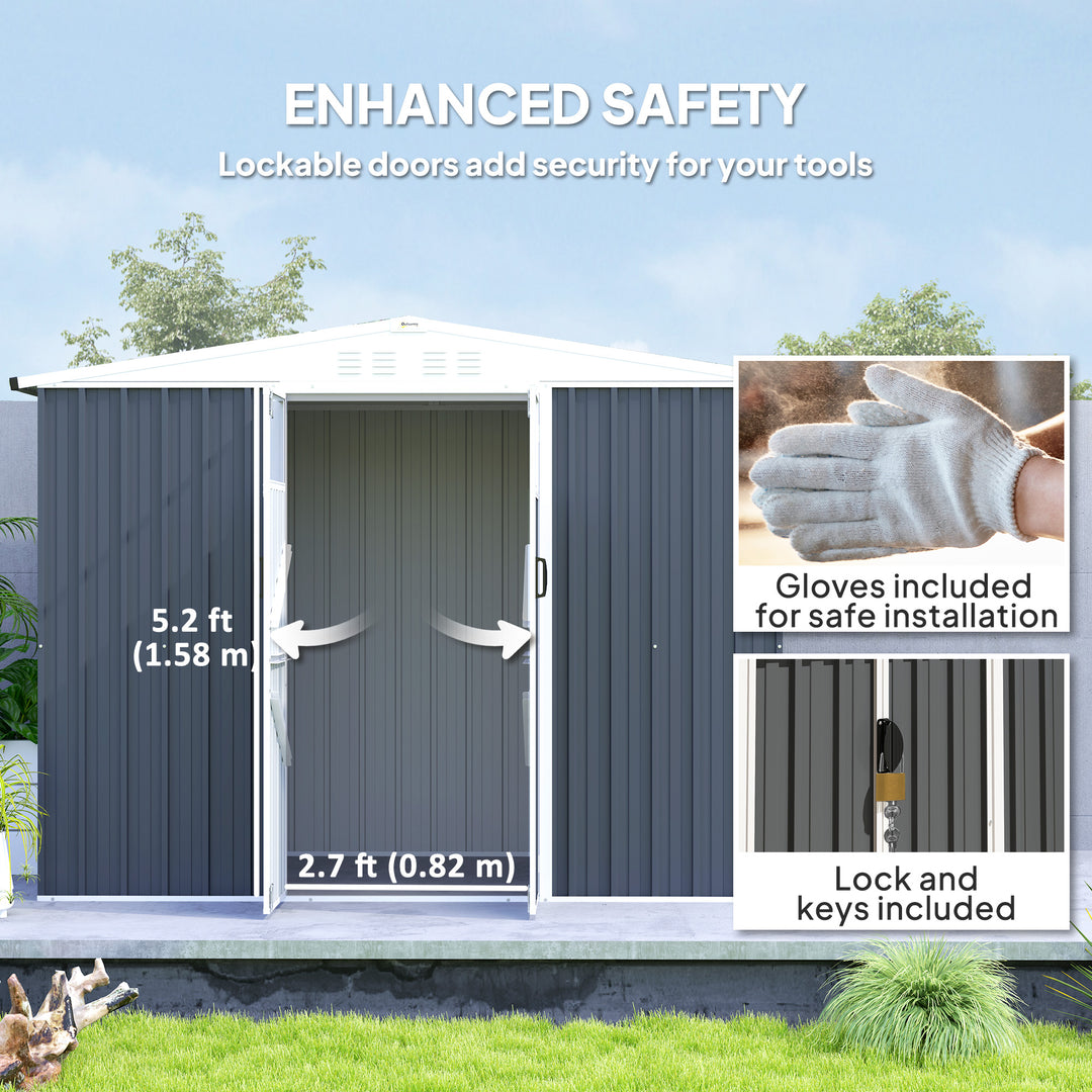 8 x 4 ft Metal Garden Shed, Garden Storage Shed with Window, 4 Vents and Lockable Door, Waterproof Galvanised Steel Tool Storage Shed, Dark Grey