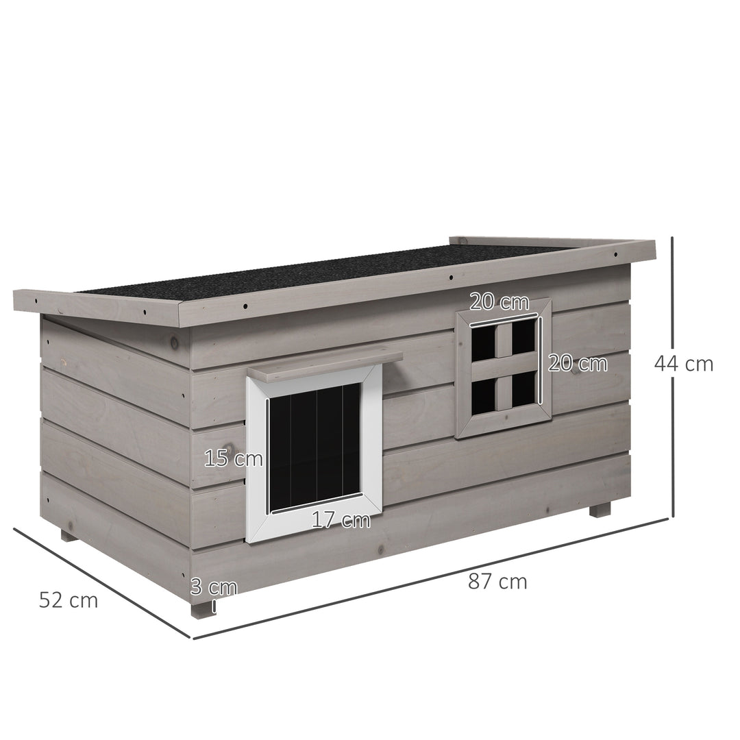 MCL Wooden Outdoor Cat House, Elevated Cat Shelter Kennel, Pet Play House with Openable Top, Asphalt Roof, Window, Grey