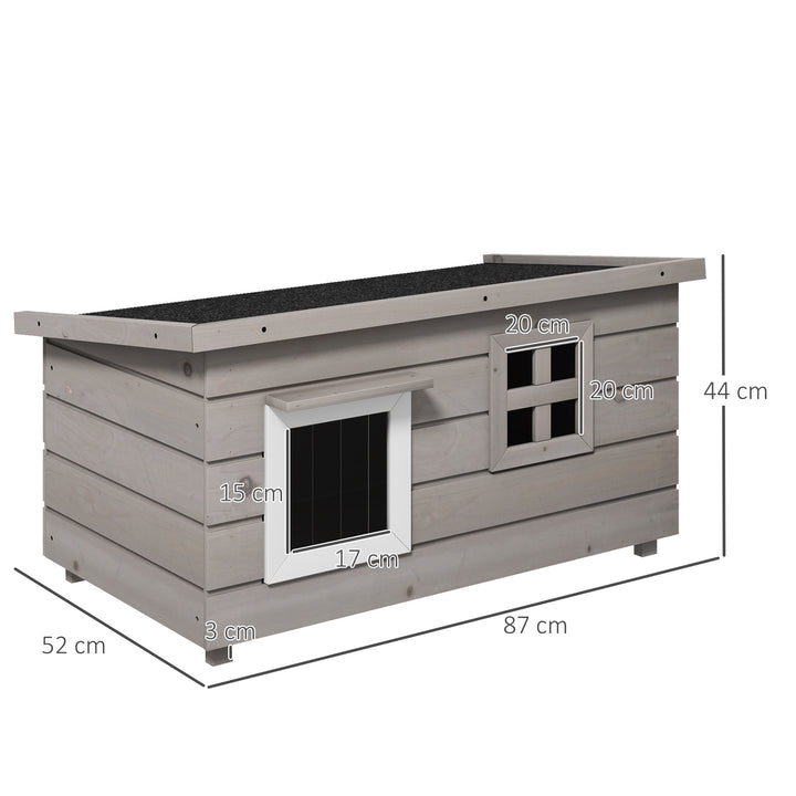MCL Wooden Outdoor Cat House, Elevated Cat Shelter Kennel, Pet Play House with Openable Top, Asphalt Roof, Window, Grey