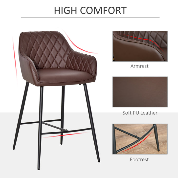 HOMCOM Set of 2 Bar Chair With Backs Retro, PU Leather Bar Stools w/ Footrest Metal Frame Comfort Support Stylish Dining Seating, Brown | Aosom UK