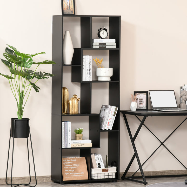 HOMCOM 8-Tier Bookshelf: Freestanding Melamine Display Unit, Anti-Tip Pads, Modern Black Grid Storage Stand | Aosom UK