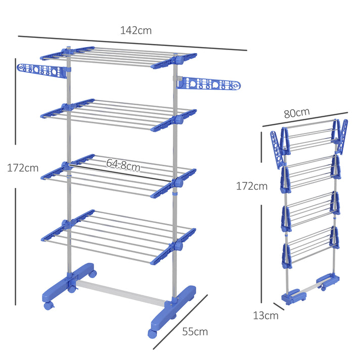 HOMCOM 4-Tier Clothes Airer, Foldable Clothes Drying Rack, Stainless Steel Indoor & Outdoor Clothes Dryer w/ Wheels & Wings, Easy Assembly | Aosom UK