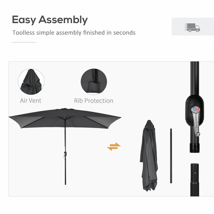 3x2m Patio Parasol Garden Umbrellas Canopy with Aluminium Tilt Crank Rectangular Sun Shade Steel, Black