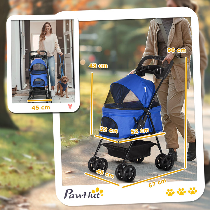 Dog Pram Dog Stroller Foldable Pet Pushchair with 4 Wheels, Safety Leashes, Cup Holder for Small Dogs, Blue