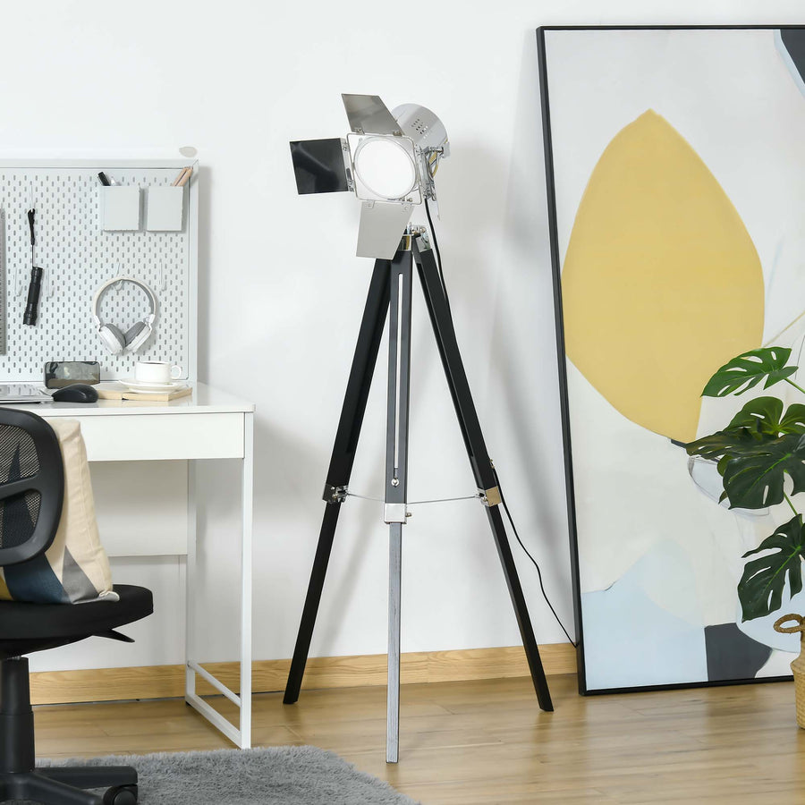 Industrial Tripod Floor Lamp, Nautical Cinema Standing Spotlight with Wood Legs and Adjustable Height for Living Room, Bedroom, Black and Silver