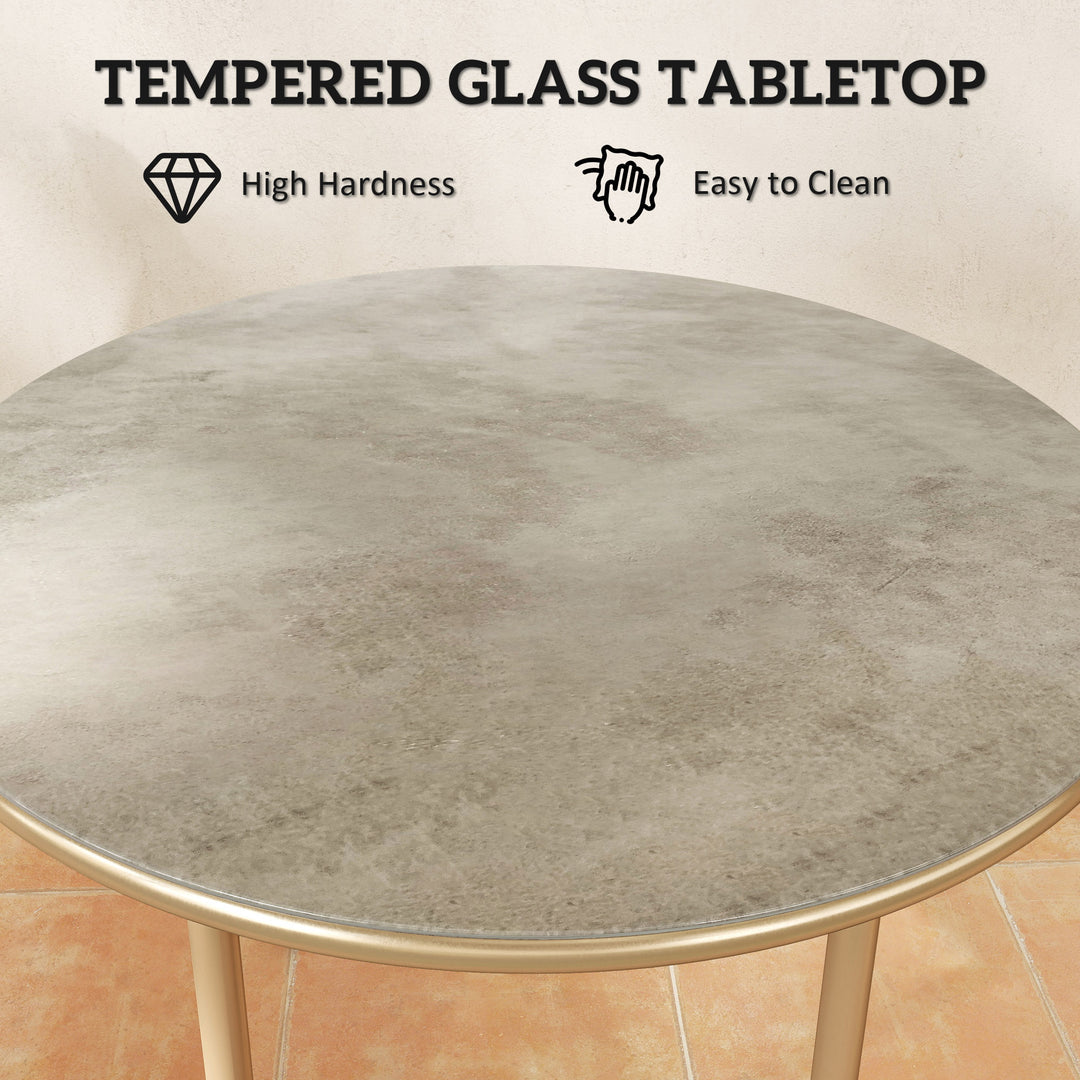Round Coffee Table, Modern End Side Table with Faux Marble Tempered Glass Top, Steel Frame for Living Room, Bedroom, Office, Beige