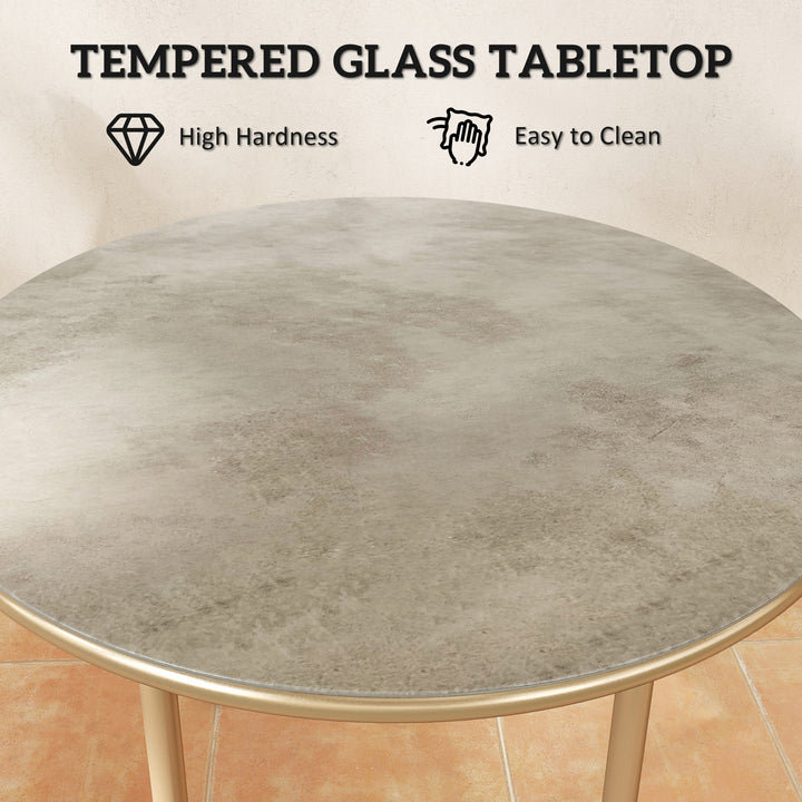 Round Coffee Table, Modern End Side Table with Faux Marble Tempered Glass Top, Steel Frame for Living Room, Bedroom, Office, Beige
