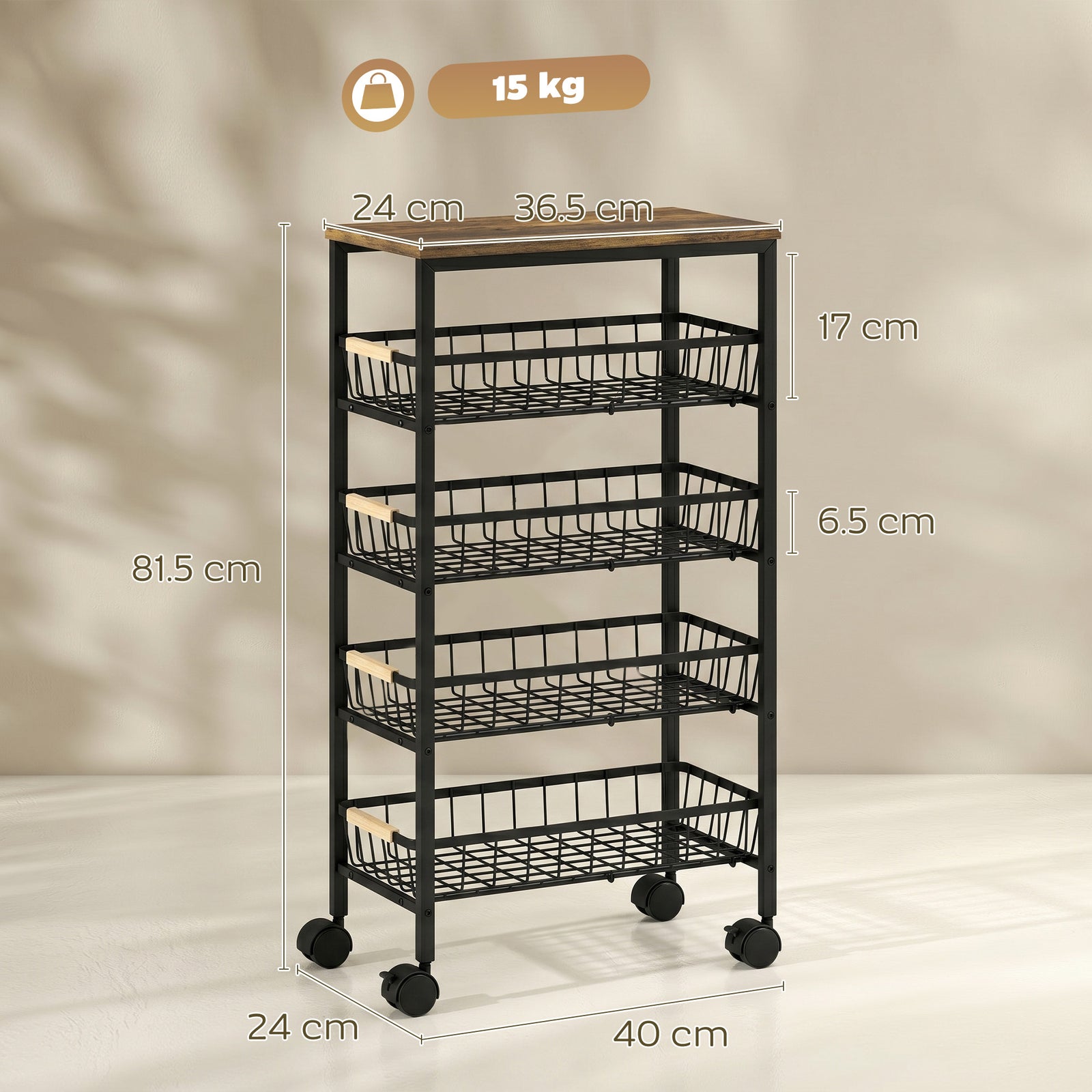 Metal Kitchen Trolley, 4-Tier Storage Trolley with Pull-Out Baskets an