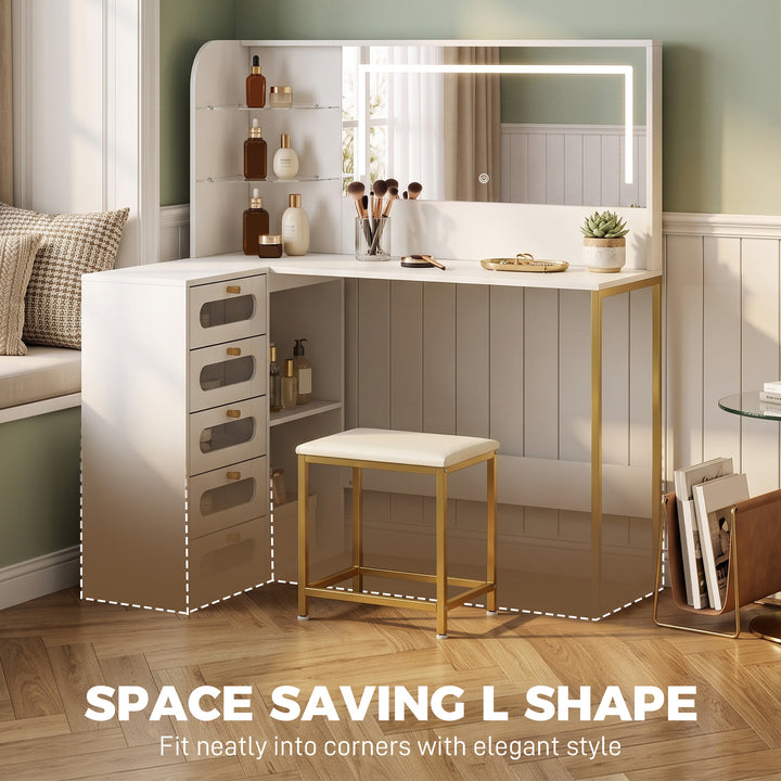 Dressing Table with LED Mirror and Stool, L-Shaped Vanity Desk with Dr