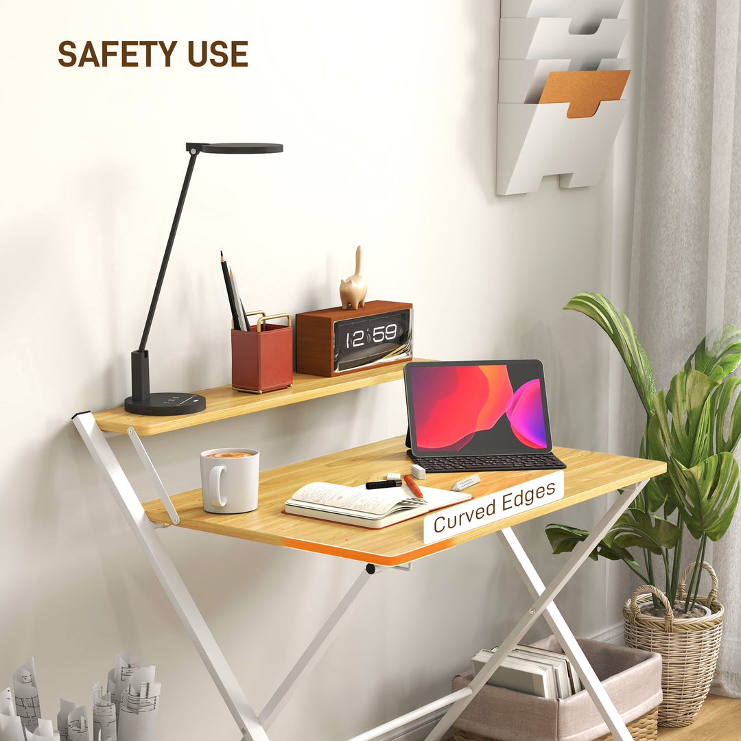 Compact Folding Desk for Small Spaces, Foldable Computer Desk with Storage Shelf for Home Office, 2-Tier Study Writing Table, 86 x 66 x 82 cm, Maple Wood-effect