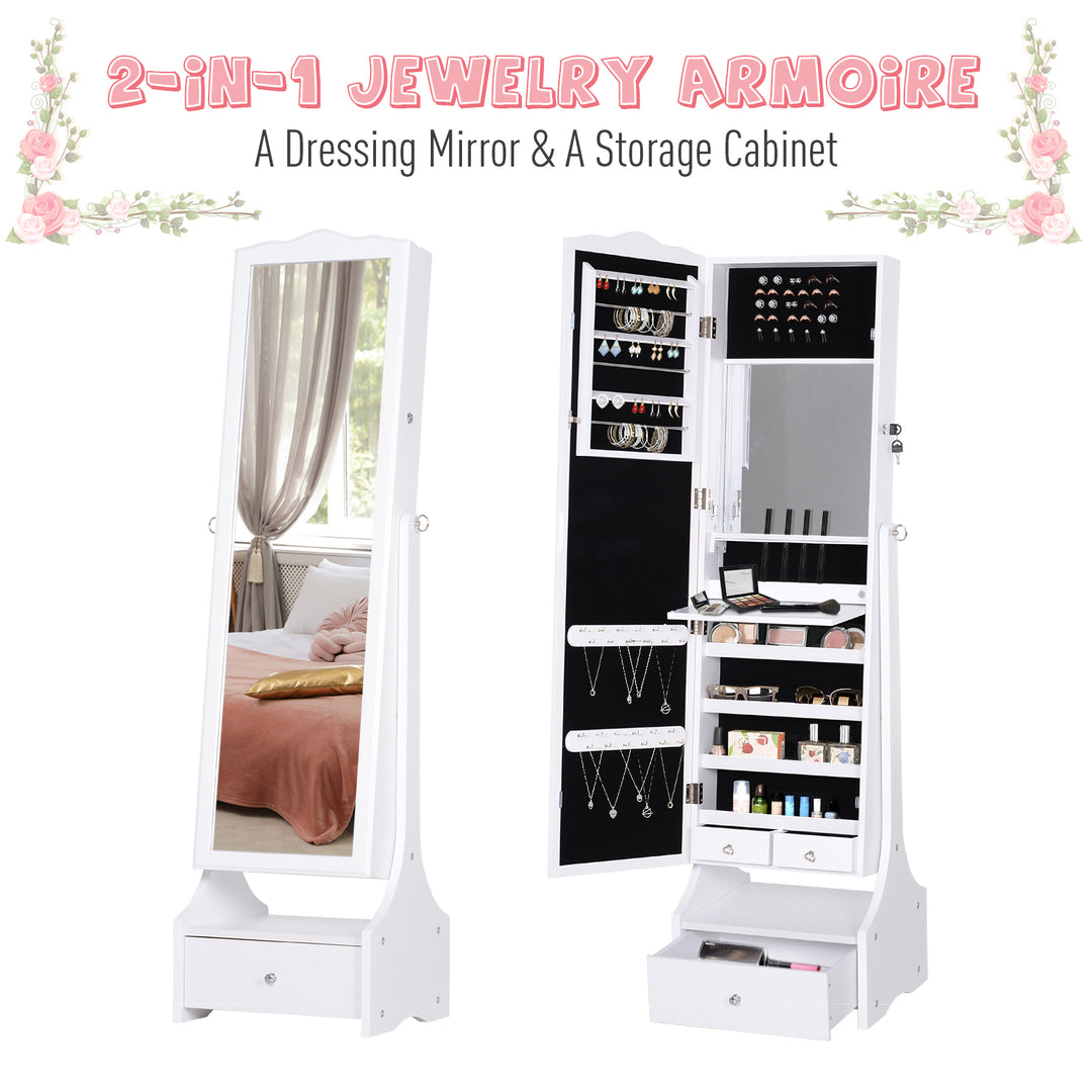 HOMCOM LED Jewellery Cabinet, Floor Standing Mirror Armoire with Flip-over Makeup Shelf and Lock, White | Aosom UK