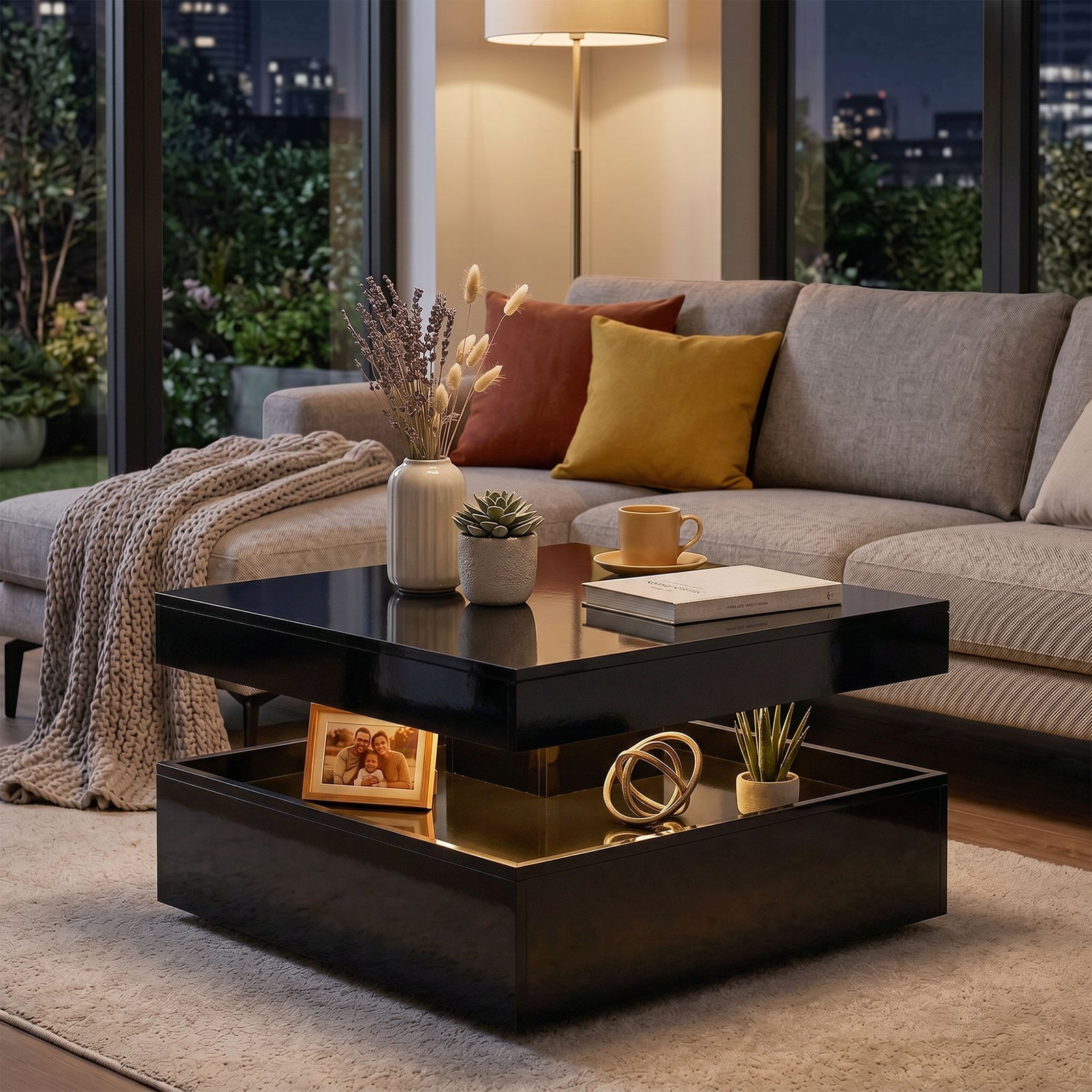 LED Coffee Table with Storage, 2-Tier Modern Centre Table with Open Sh