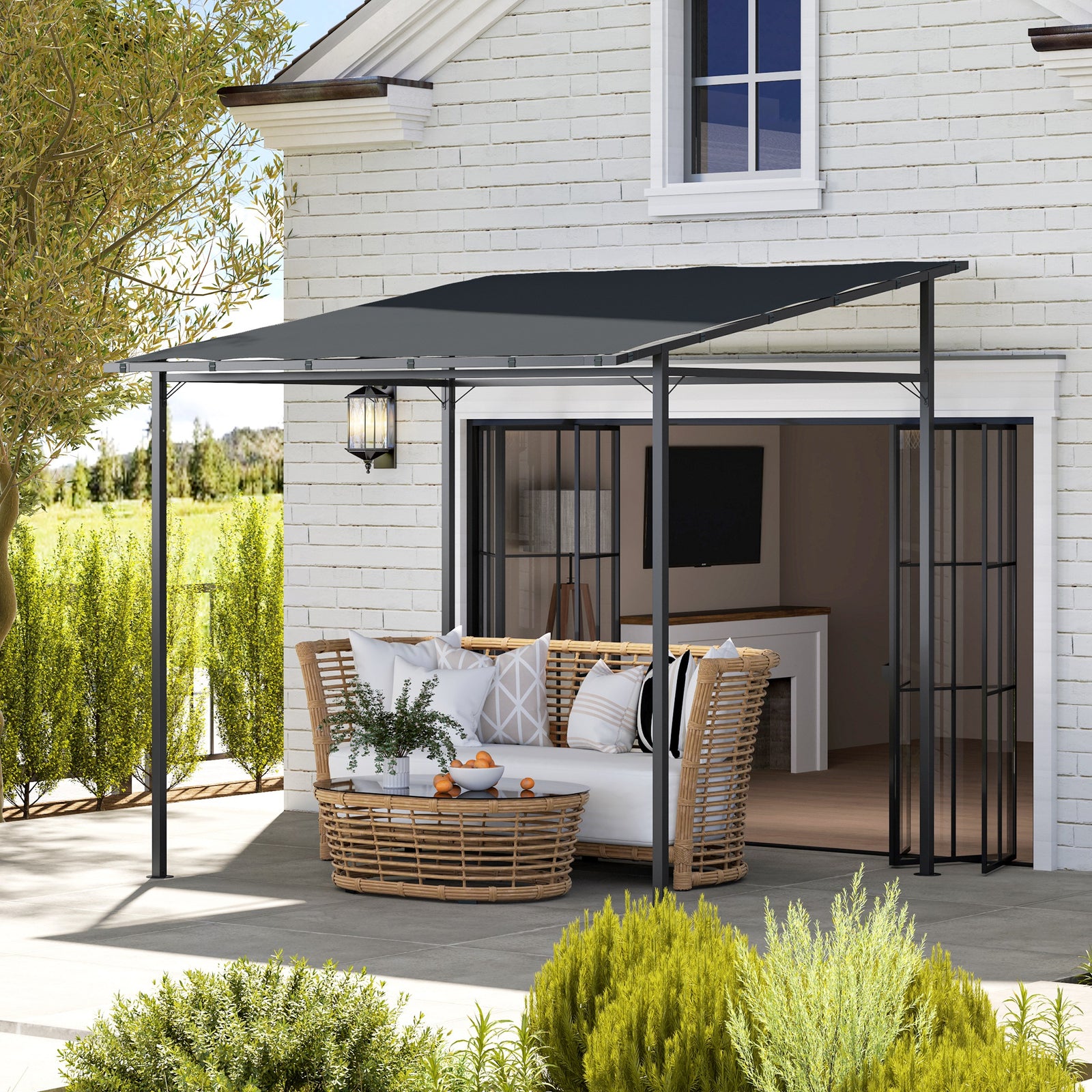 2.4 x 2.4 m Wall Mounted Pergola Gazebo with PA Coating Fabric and Metal Frame, UPF30+, Lean to Garden Gazebo, Wind Resistant Outdoor Sun Shade Shelter for Garden, Deck, Dark Grey
