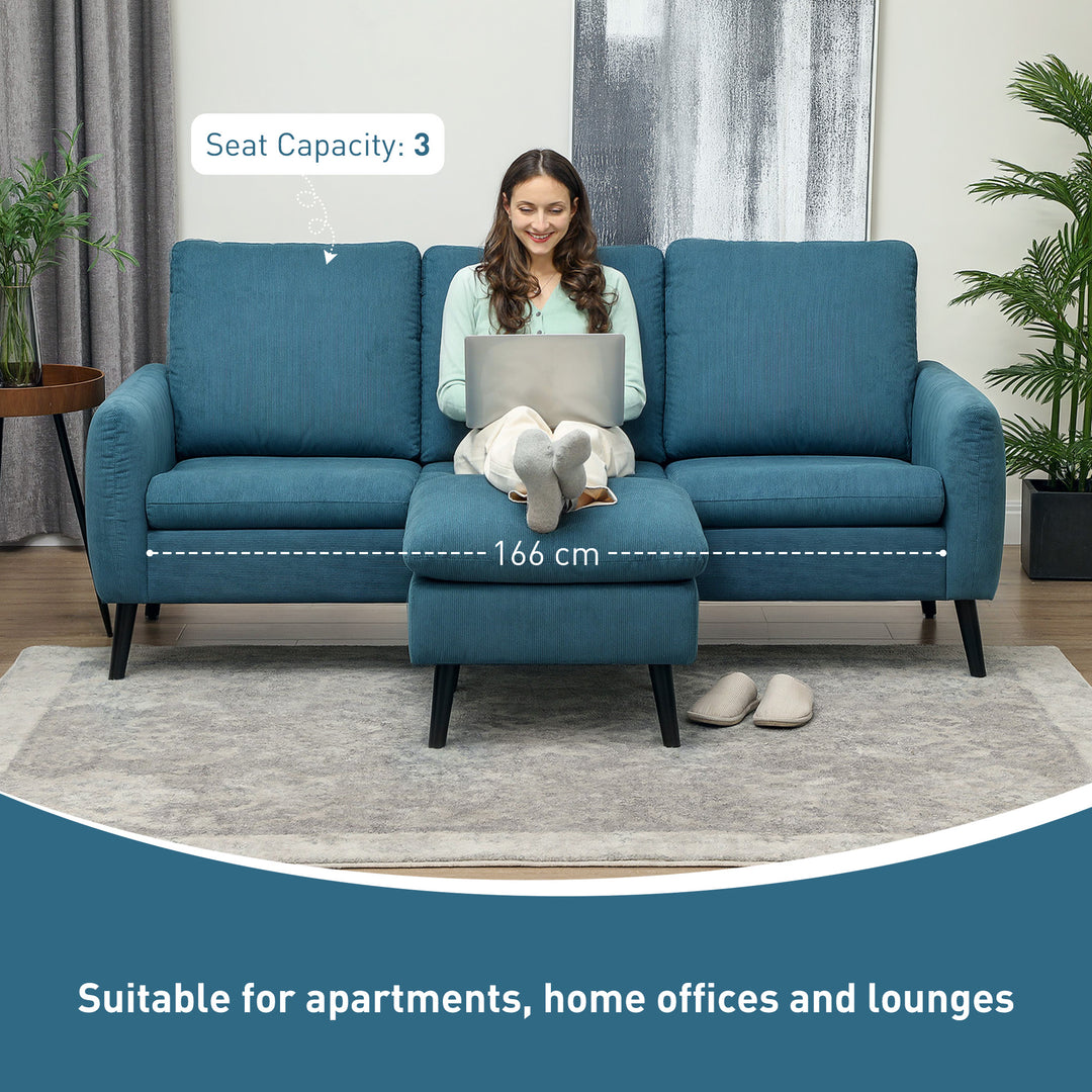 3 Seater Sofa with Ottoman, 196cm Corduroy L-shaped Sofa Couch with Scatter Back, Reversible Chaise Lounge for Living Room, Home Office, Small Spaces, Blue