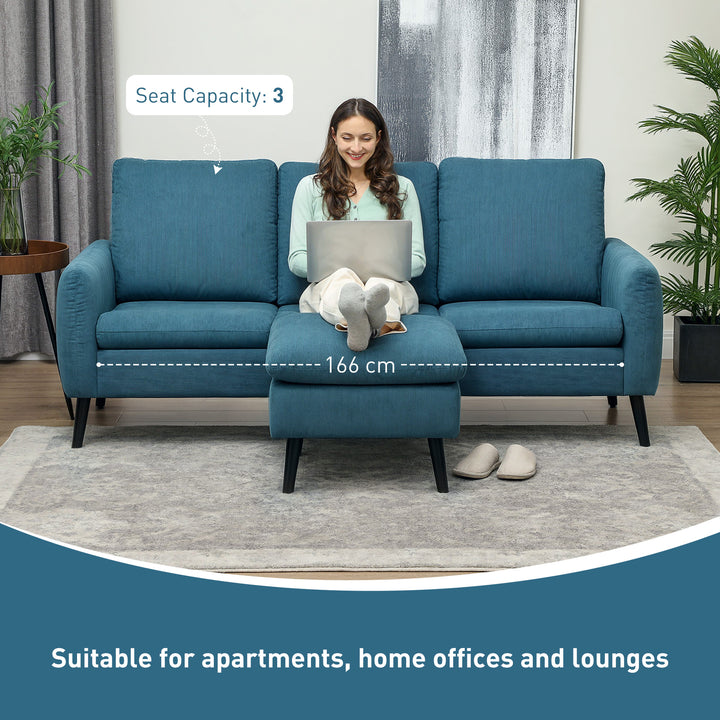 3 Seater Sofa with Ottoman, 196cm Corduroy L-shaped Sofa Couch with Scatter Back, Reversible Chaise Lounge for Living Room, Home Office, Small Spaces, Blue