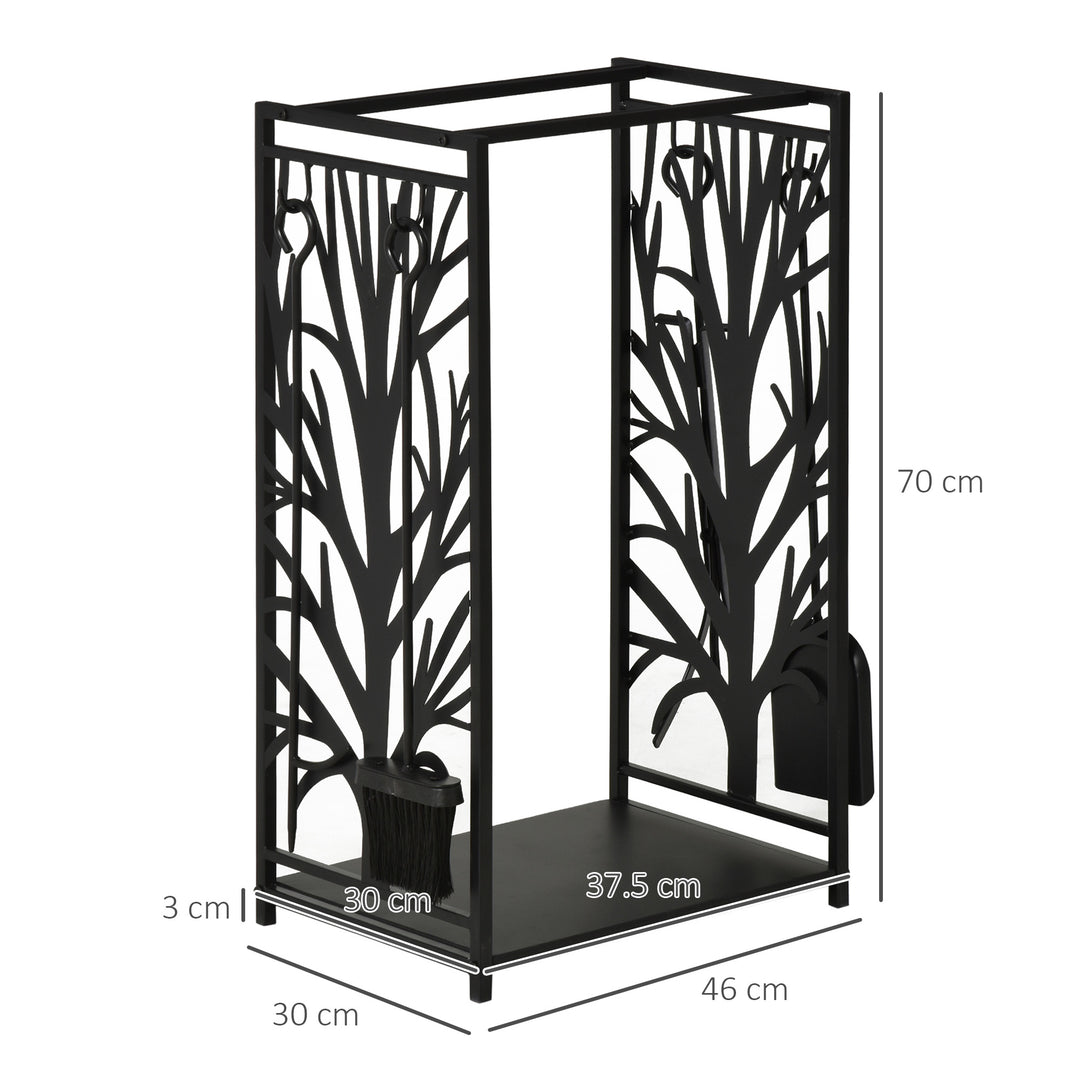 Steel Firewood Log Holder Indoor Outdoor Firewood Rack Fireplace Wood Storage Shelf with 4 Tools, Hooks, Tree Pattern Design, Rust-Resistant, Black, 46W x 30D x 70H cm