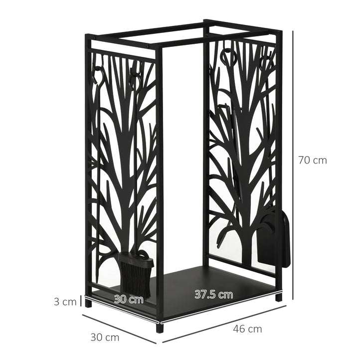 Steel Firewood Log Holder Indoor Outdoor Firewood Rack Fireplace Wood Storage Shelf with 4 Tools, Hooks, Tree Pattern Design, Rust-Resistant, Black, 46W x 30D x 70H cm
